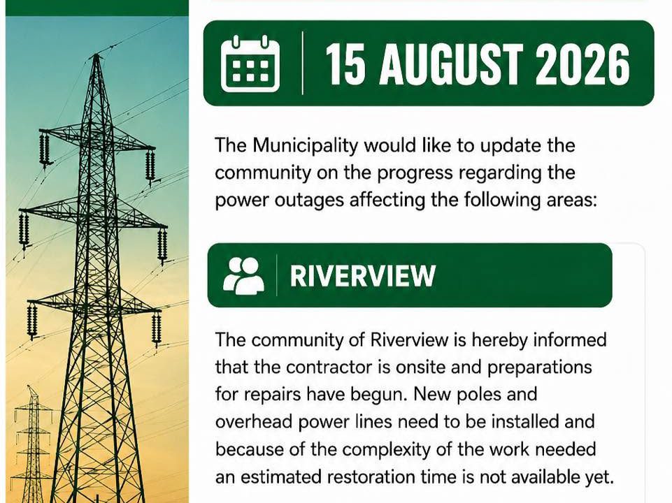 Power supply update poster for 15 August 2026 regarding Riverview. Full text appears below.