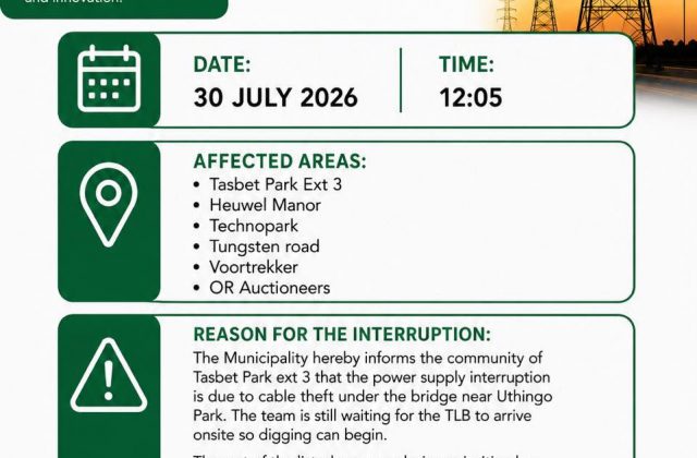 Power supply update poster for 30 July 2026 at 12:05 reporting cable theft under the bridge near Uthingo Park. Full text appears below.