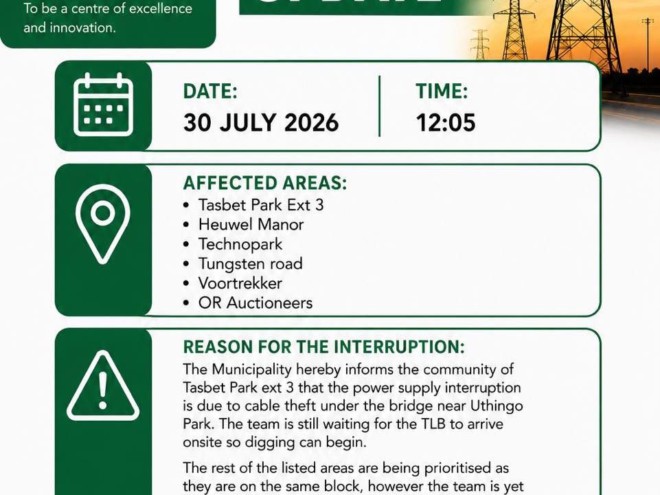 Power supply update poster for 30 July 2026 at 12:05 reporting cable theft under the bridge near Uthingo Park. Full text appears below.