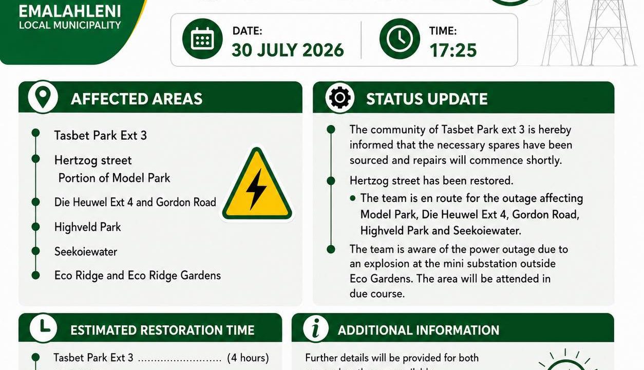 Power supply update poster for 30 July 2026 at 17:25. Full text appears below.
