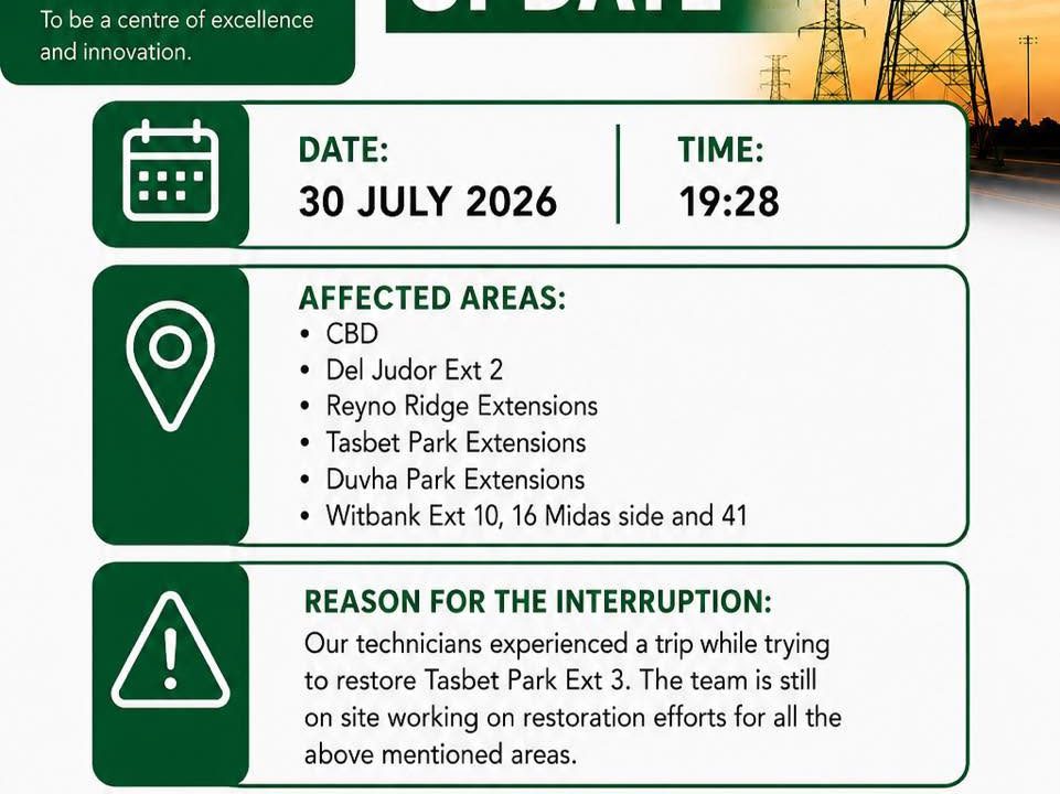 Power supply update poster for 30 July 2026 at 19:28. Full text appears below.
