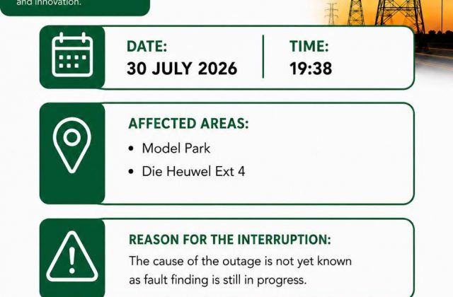 Power supply update poster for 30 July 2026 at 19:38 regarding Model Park and Die Heuwel Ext 4. Full text appears below.