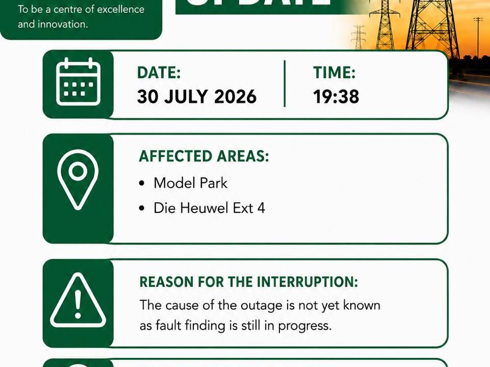 Power supply update poster for 30 July 2026 at 19:38 regarding Model Park and Die Heuwel Ext 4. Full text appears below.