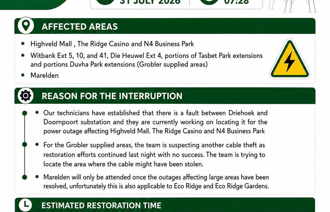 Power supply update poster for 31 July 2026 at 07:28. Full text appears below.