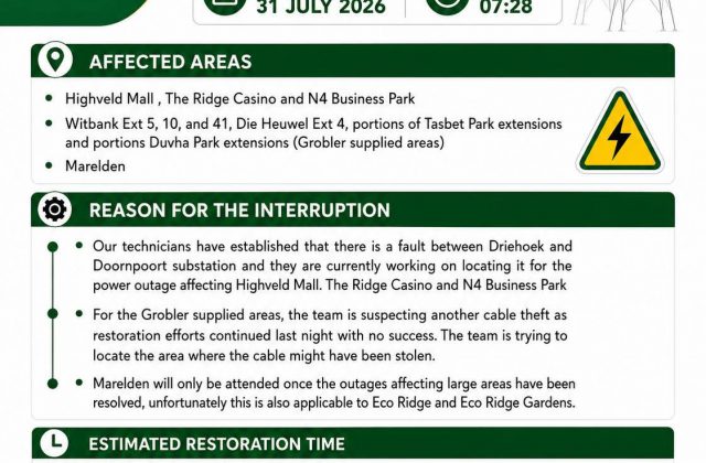 Power supply update poster for 31 July 2026 at 07:28. Full text appears below.