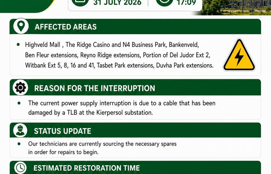 Power supply update poster for 31 July 2026 at 17:09 reporting a cable damaged by a TLB at Kierpersol substation. Full text appears below.