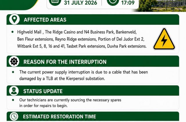 Power supply update poster for 31 July 2026 at 17:09 reporting a cable damaged by a TLB at Kierpersol substation. Full text appears below.
