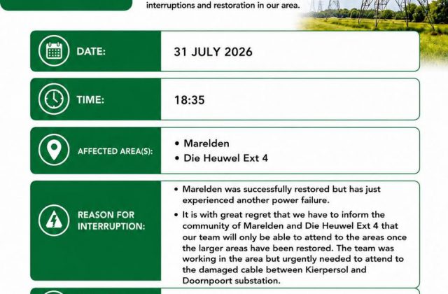 Power supply update poster for 31 July 2026 at 18:35 regarding Marelden and Die Heuwel Ext 4. Full text appears below.