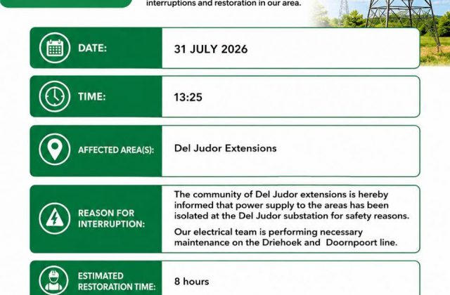 Power supply update poster for 31 July 2026 at 13:25 regarding Del Judor extensions. Full text appears below.