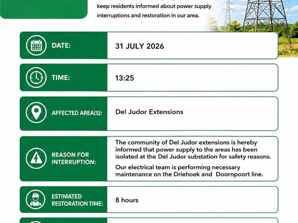 Power supply update poster for 31 July 2026 at 13:25 regarding Del Judor extensions. Full text appears below.