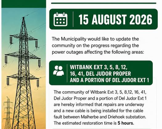 Emalahleni Local Municipality power supply update poster for 15 August 2026. The full text appears below.