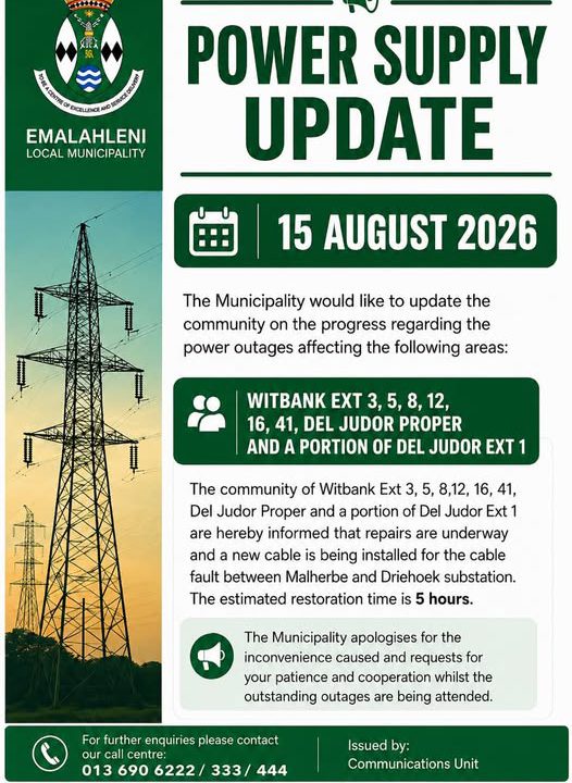 Emalahleni Local Municipality power supply update poster for 15 August 2026. The full text appears below.