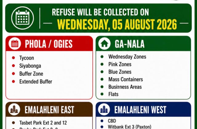 Refuse collection schedule poster for Wednesday 5 August 2026. Full text appears below.