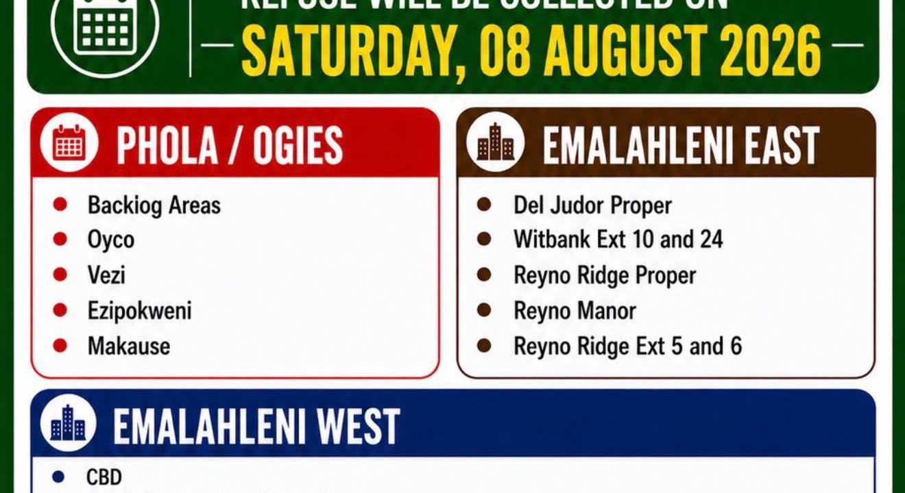 Refuse collection schedule poster for Saturday 8 August 2026. Full text appears below.