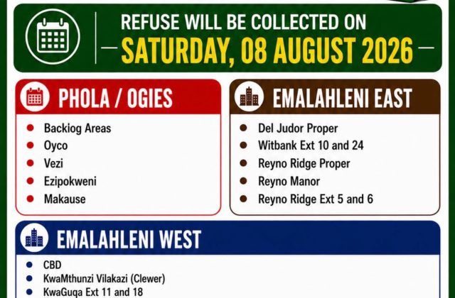 Refuse collection schedule poster for Saturday 8 August 2026. Full text appears below.