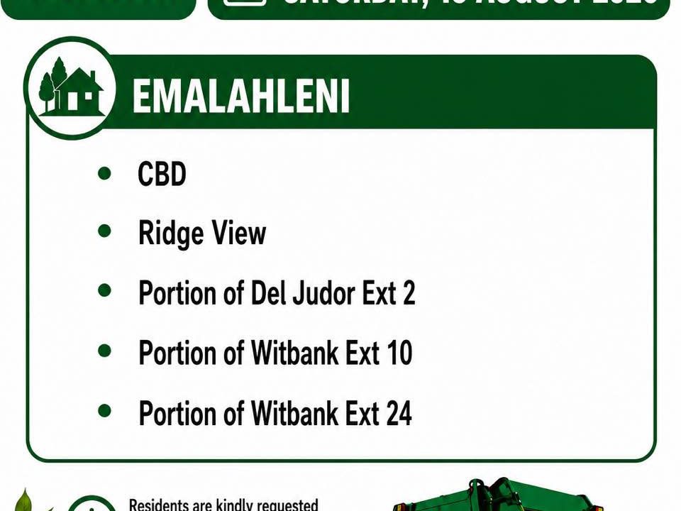 Refuse collection schedule poster for Saturday 15 August 2026. Full text appears below.