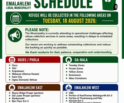 Refuse collection schedule poster for Tuesday 18 August 2026, listing collection areas across Ogies/Phola, Ga-Nala, Emalahleni East and Emalahleni West. Full text appears below.