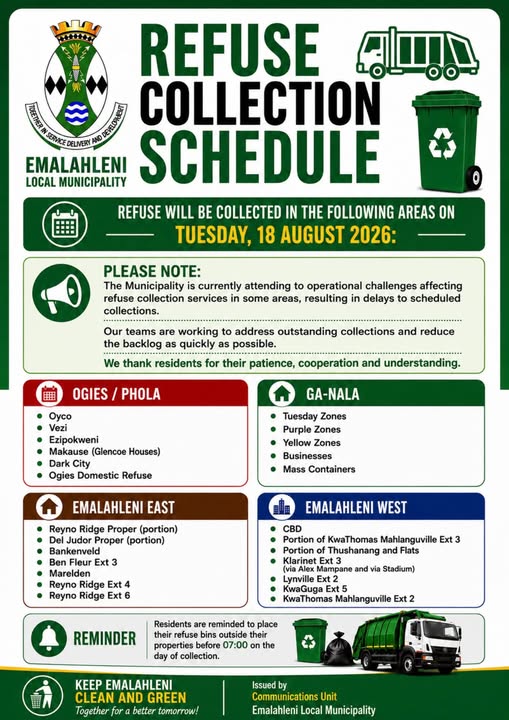 Refuse collection schedule poster for Tuesday 18 August 2026, listing collection areas across Ogies/Phola, Ga-Nala, Emalahleni East and Emalahleni West. Full text appears below.