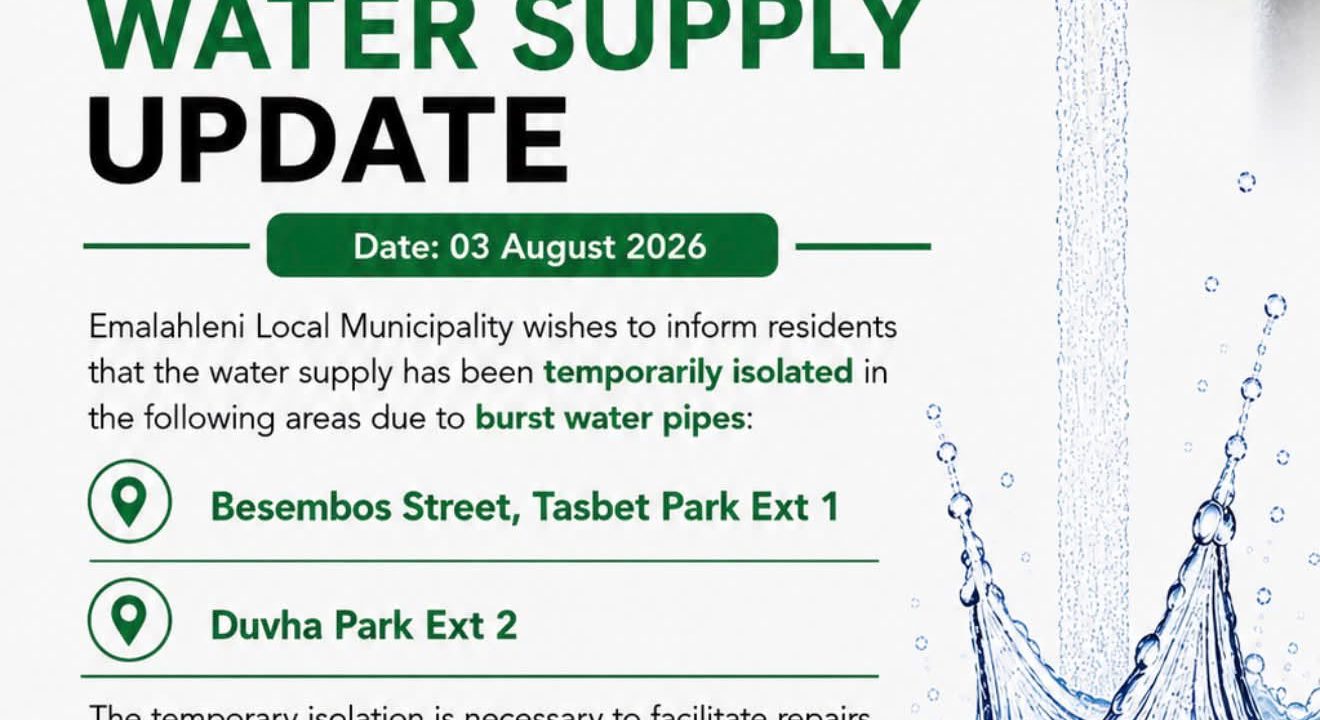 Water supply update poster for 3 August 2026 covering Besembos Street, Tasbet Park Ext 1 and Duvha Park Ext 2. Full text appears below.