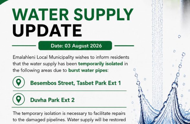 Water supply update poster for 3 August 2026 covering Besembos Street, Tasbet Park Ext 1 and Duvha Park Ext 2. Full text appears below.