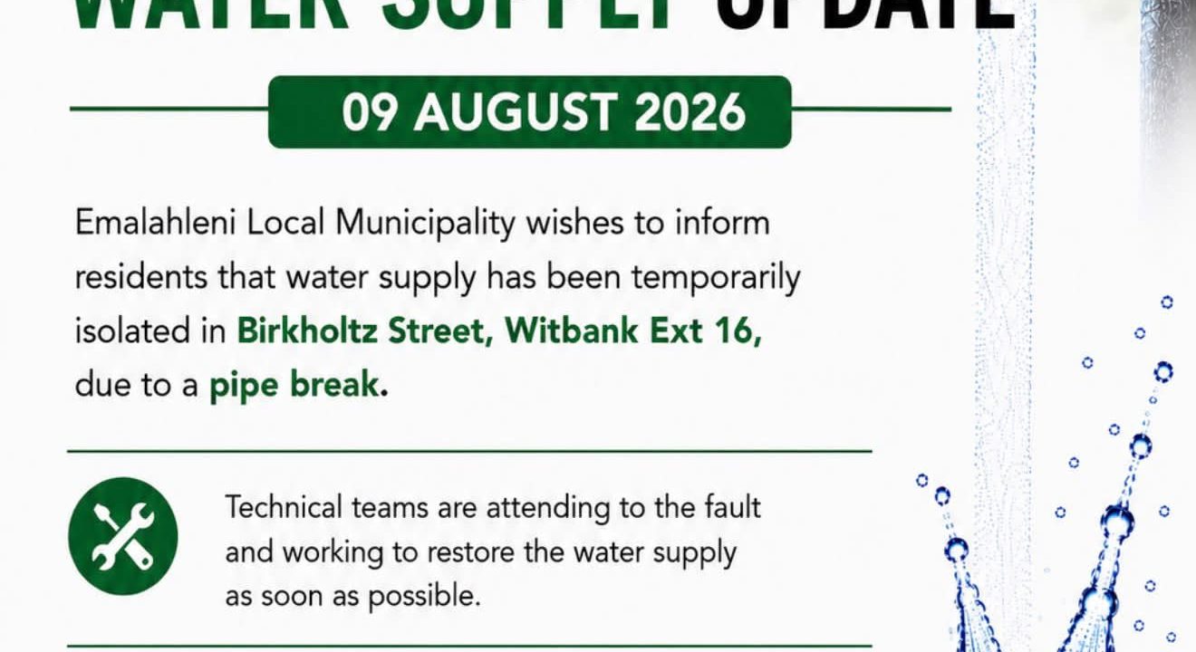 Water supply update poster for 9 August 2026 regarding Birkholtz Street, Witbank Ext 16. Full text appears below.