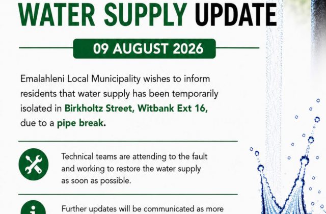 Water supply update poster for 9 August 2026 regarding Birkholtz Street, Witbank Ext 16. Full text appears below.