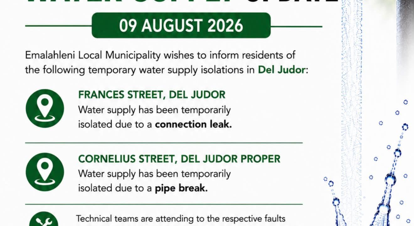 Water supply update poster for 9 August 2026 covering temporary isolations in Del Judor. Full text appears below.
