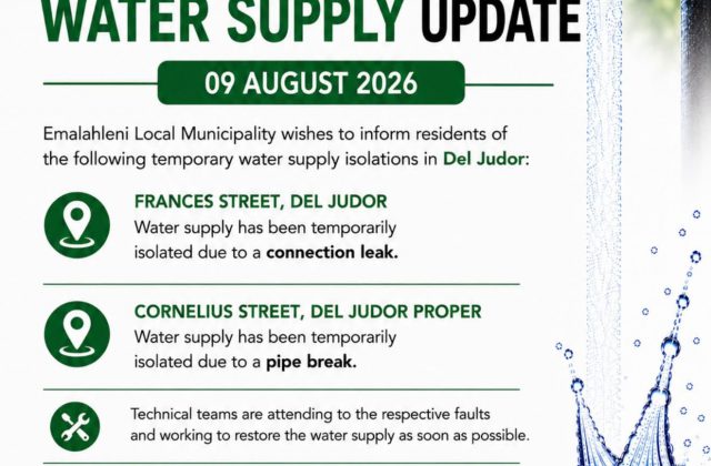 Water supply update poster for 9 August 2026 covering temporary isolations in Del Judor. Full text appears below.