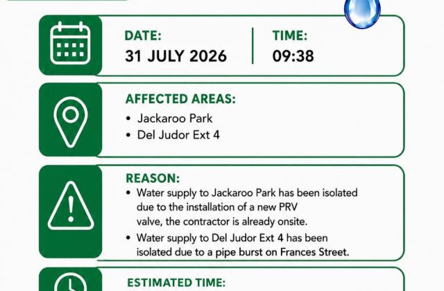 Water supply update poster for 31 July 2026 at 09:38 covering Jackaroo Park and Del Judor Ext 4. Full text appears below.