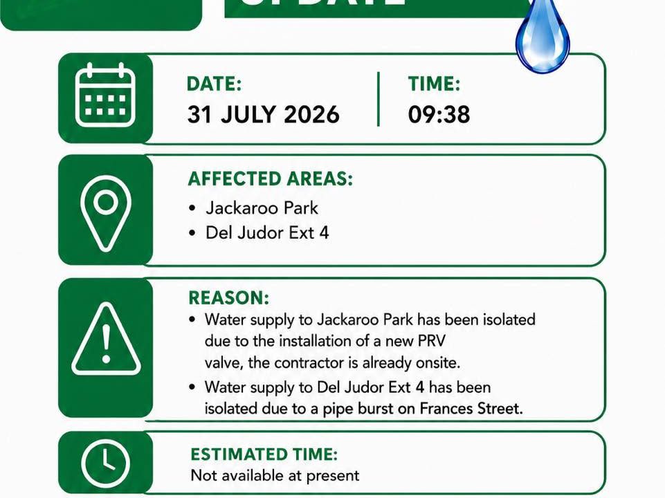 Water supply update poster for 31 July 2026 at 09:38 covering Jackaroo Park and Del Judor Ext 4. Full text appears below.