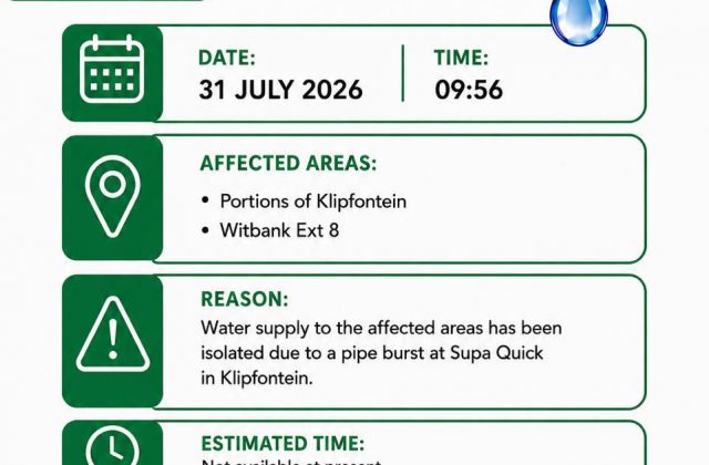 Water supply update poster for 31 July 2026 covering portions of Klipfontein and Witbank Ext 8. Full text appears below.