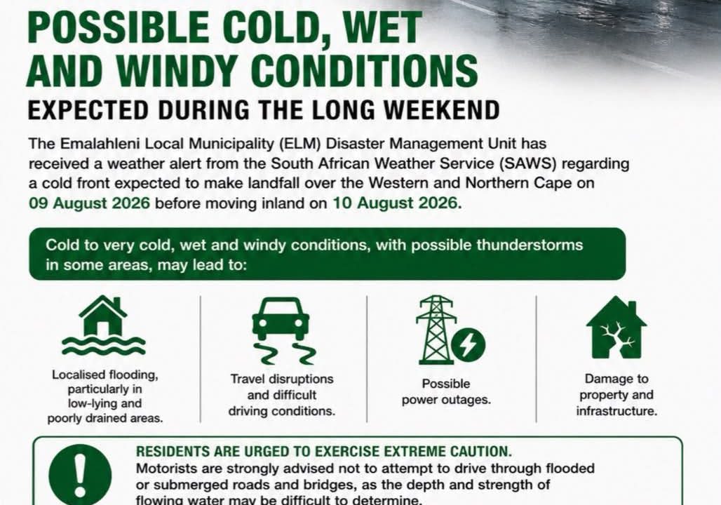 Weather alert poster dated 7 August 2026 warning of cold, wet and windy conditions over the long weekend. Full text appears below.
