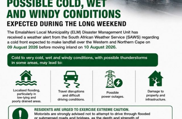 Weather alert poster dated 7 August 2026 warning of cold, wet and windy conditions over the long weekend. Full text appears below.