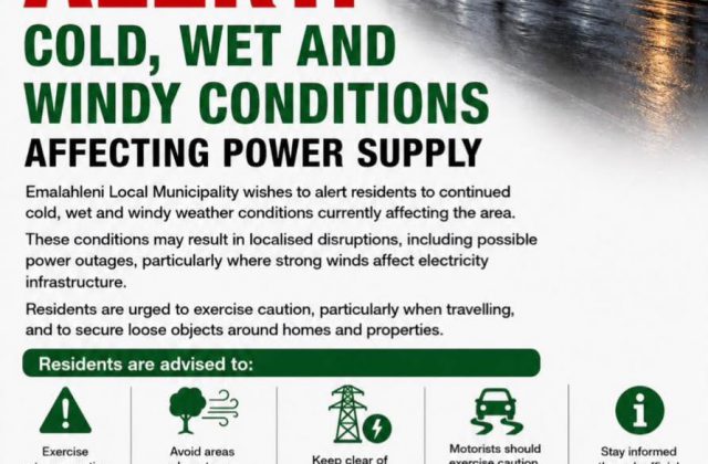 Weather alert poster dated 10 August 2026 warning of cold, wet and windy conditions affecting power supply. Full text appears below.