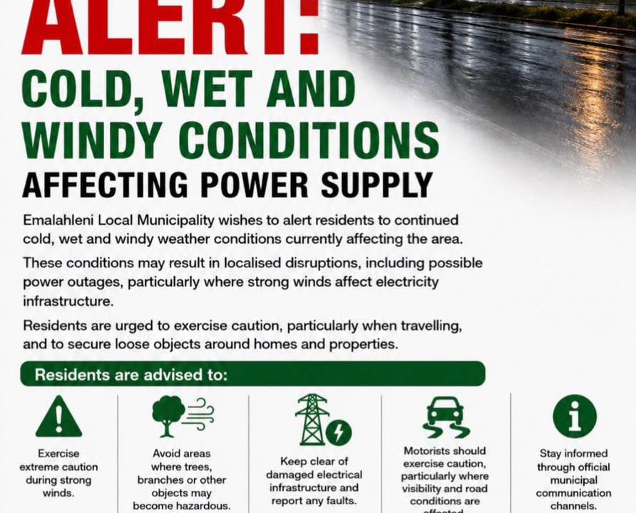 Weather alert poster dated 10 August 2026 warning of cold, wet and windy conditions affecting power supply. Full text appears below.