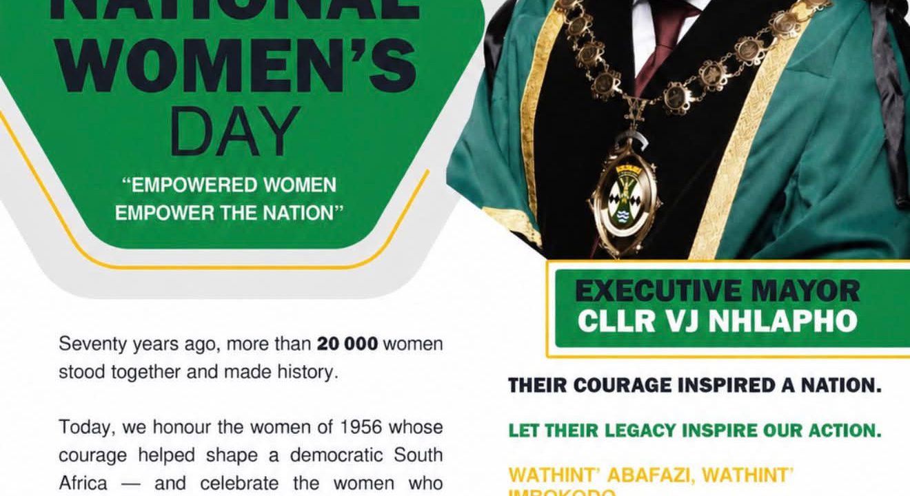 National Women's Day 2026 commemoration poster featuring Executive Mayor Cllr VJ Nhlapho. Full text appears below.