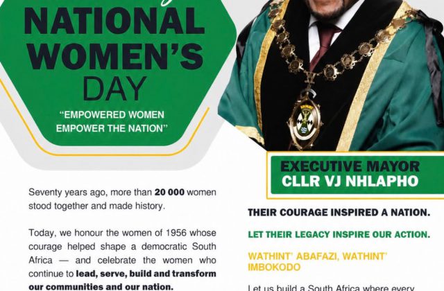 National Women's Day 2026 commemoration poster featuring Executive Mayor Cllr VJ Nhlapho. Full text appears below.
